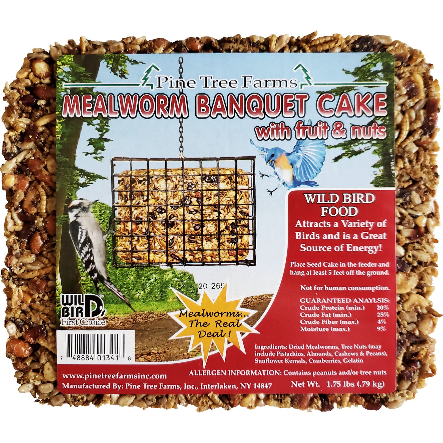 An open mealworm banquet cake with visible cranberries, mealworms, and sunflower hearts