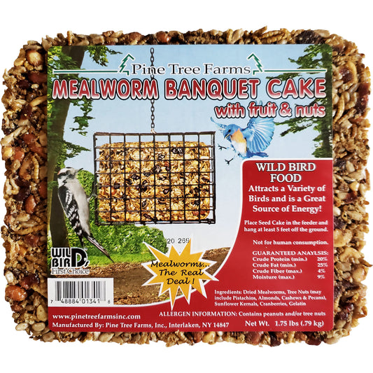 An open mealworm banquet cake with visible cranberries, mealworms, and sunflower hearts