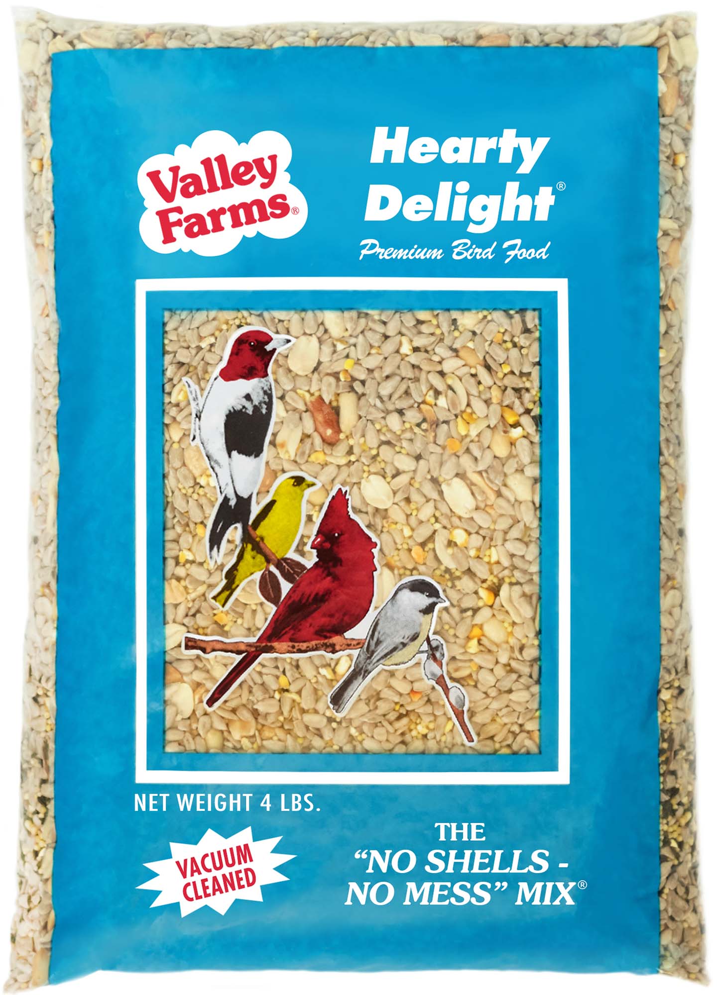Valley Farms Hearty Delight bird food package with birds on the label