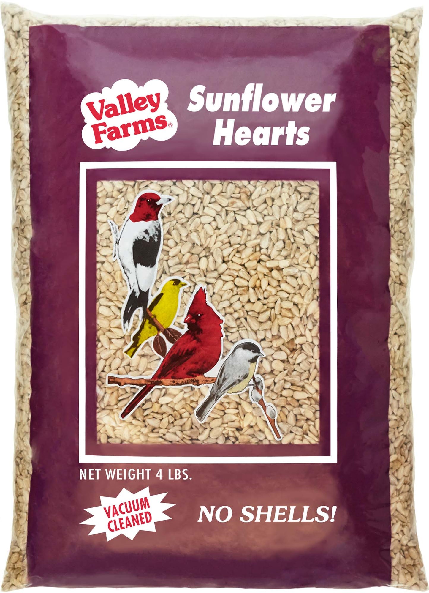 Bag of Valley Farms Sunflower Hearts bird seed with birds on the packaging.