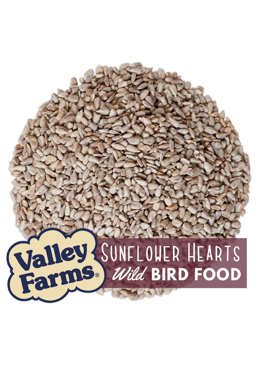 Bag of Valley Farms Sunflower Hearts bird seed with birds on the packaging.
