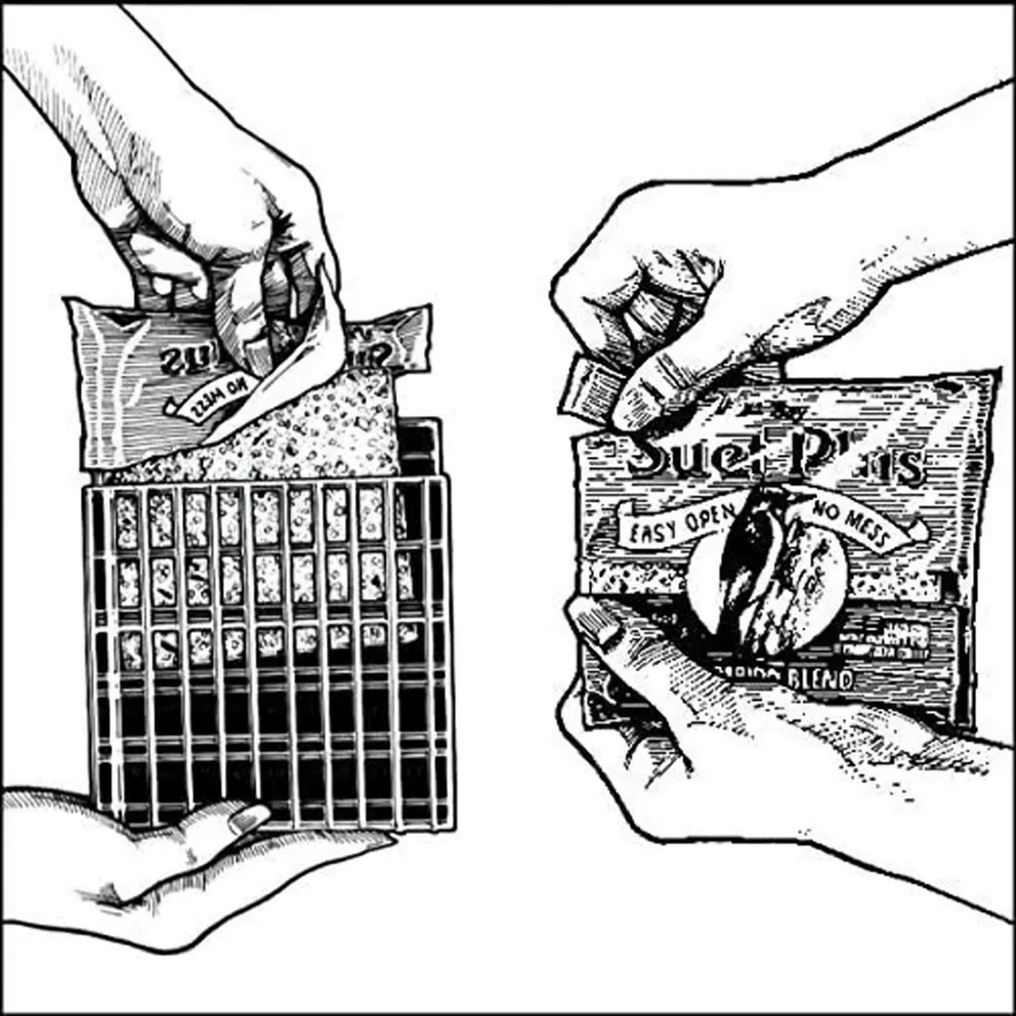 Diagram showing to open suet cakes like a candy bar and slide into the suet cage
