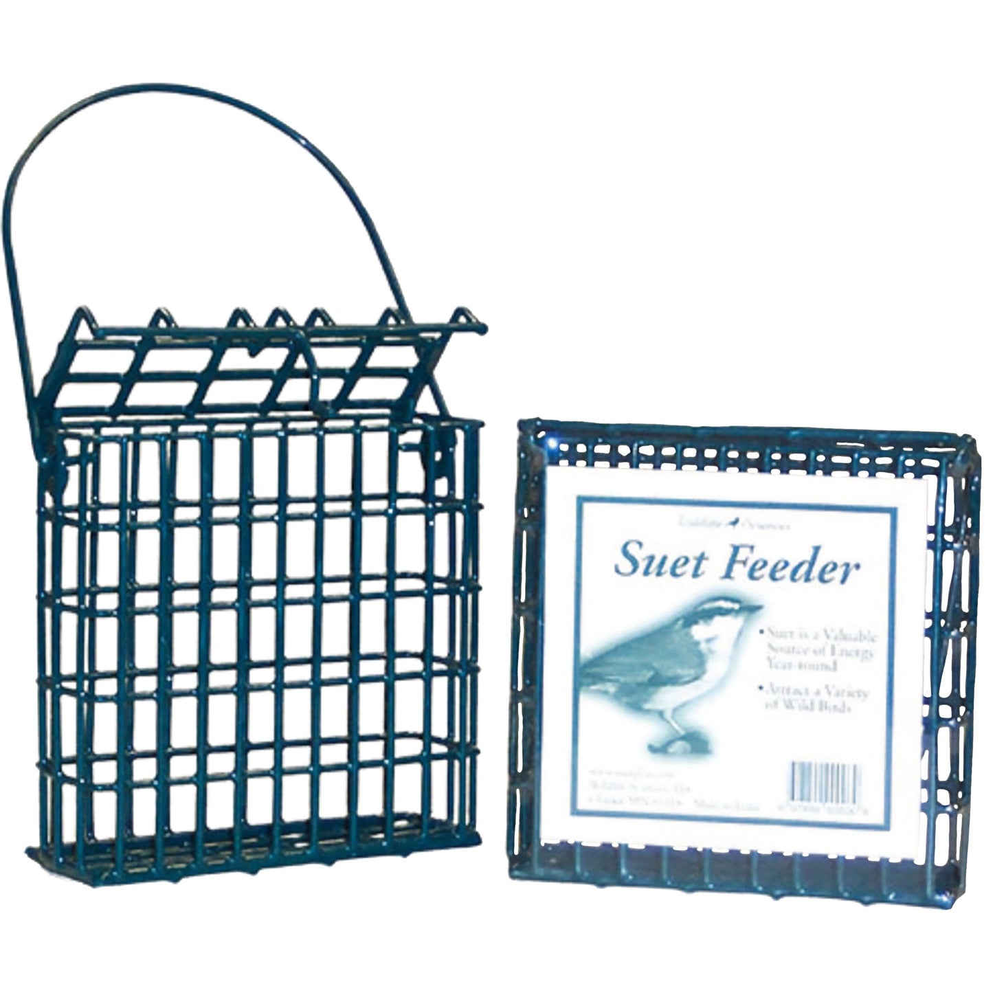 Two green wildlife sciences suet feeders - one open and one in a package
