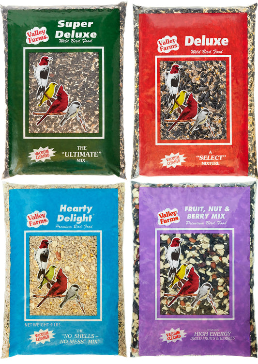 This product is free to ship as all of our products on Valley Farms Shop website. bird food near me bird food for outside feeders by Valley Farms this wild bird seed is a premium package containing 4 different Valley Farms brand best sellers, Super Deluxe, Hearty Delight, Fruit Nut and Berry, plus Deluxe blends each in a 4 pound bag, each crafted by our family run staff making small batch bird seed. it's a great gift with a total weight of over 16 pounds. Give the gift of Nature to your bird lover today.
