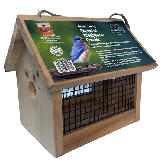 A wooden bird feeder that has coated metal wire on the sides two entrance holes and a slanted roof
with the aspen song packaging