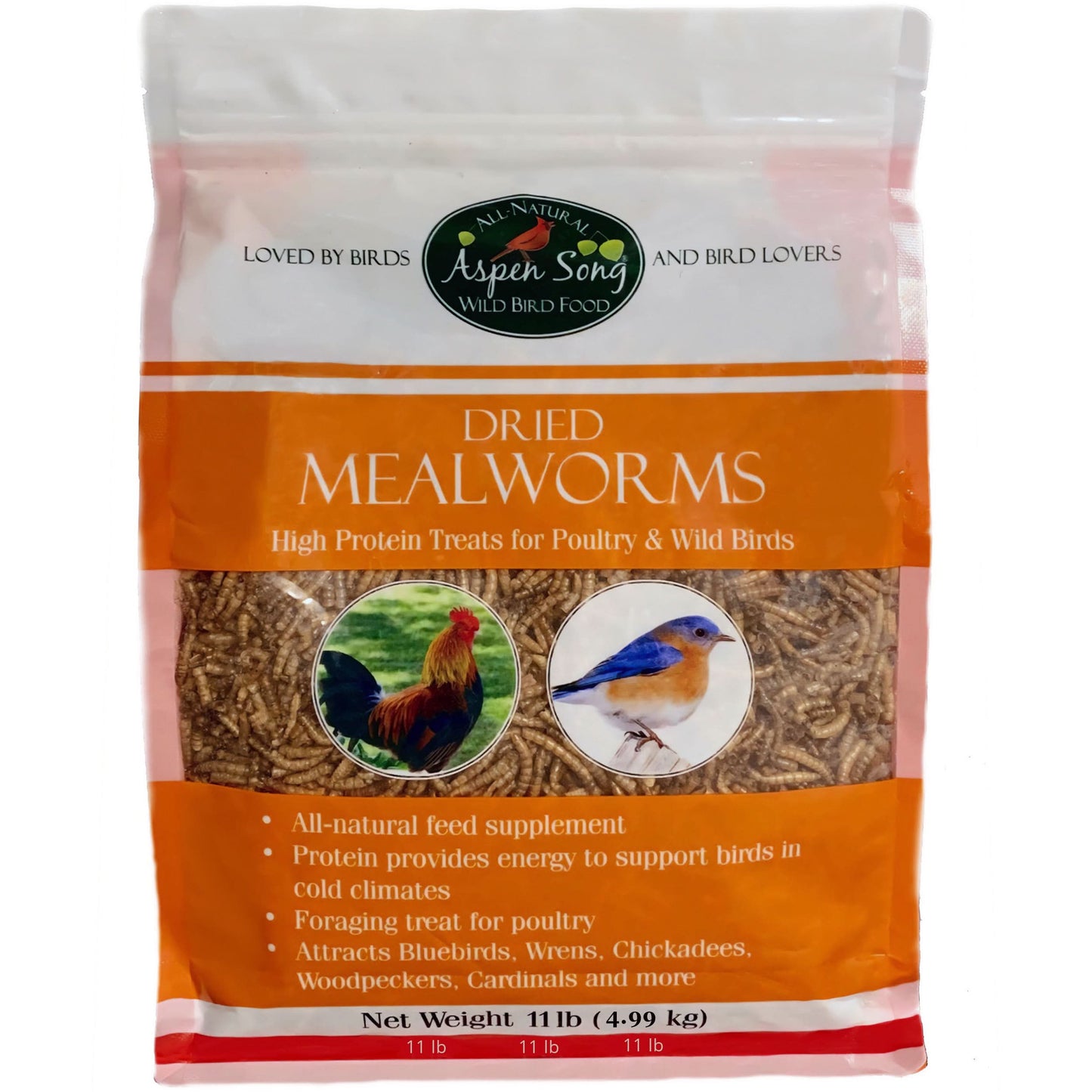 The largest bag of aspen song dried mealworms is eleven pounds and looks identical to the other sizes