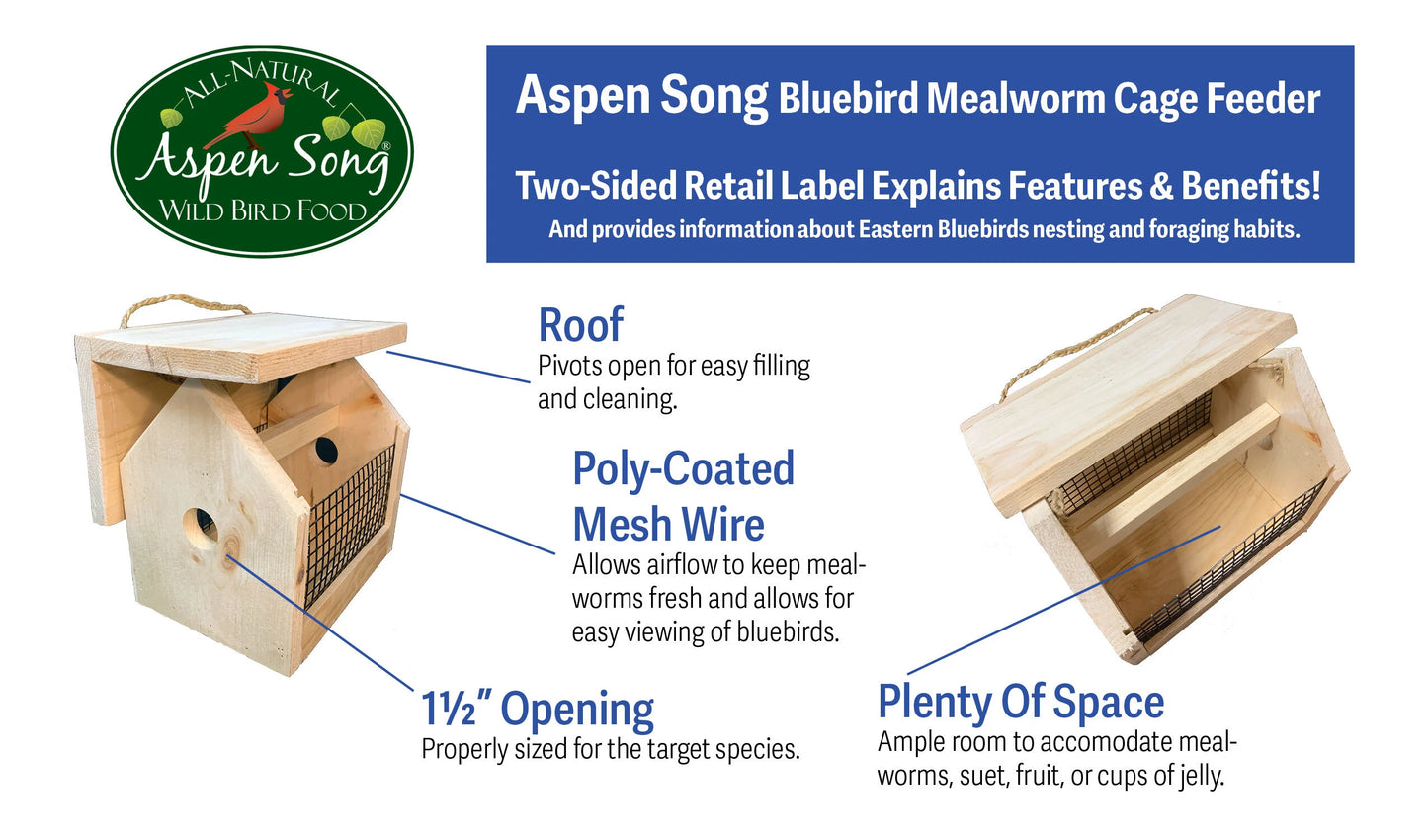 A diagram of the aspen song mealworm feeder that shows its many features