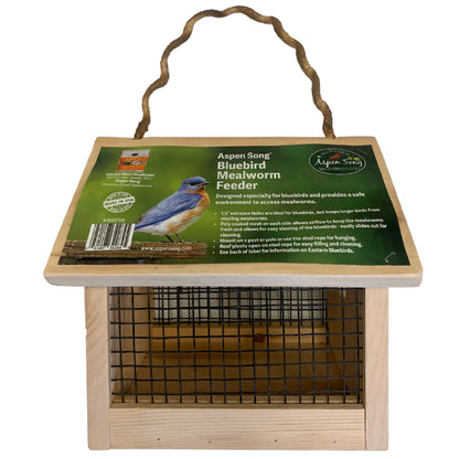 A side view of the aspen song mealworm feeder showing off the coated wire sides that allow for bluebird viewing