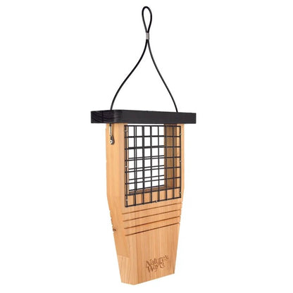 A wooden bird feeder that has a suet cage on top with a long tail prop