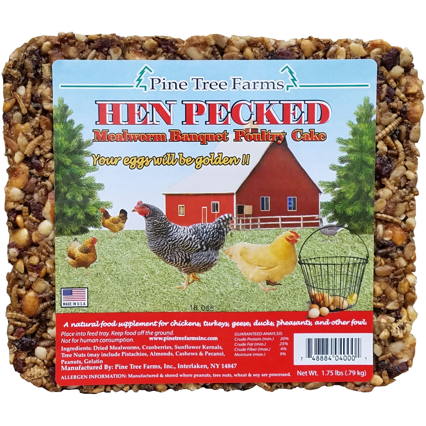 An open seed and mealworm cake with a label on top