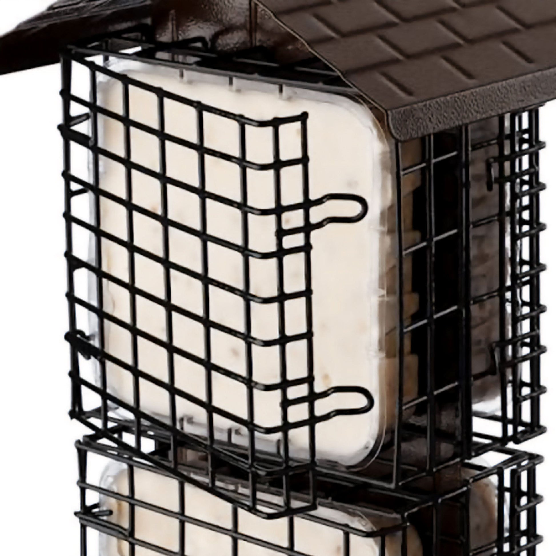 A close up of one of the suet slots with powder coated wire it shows that this feeder can hold a suet with the tray