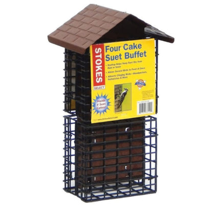 A long brown suet feeder with a metal shingled rood and yellow stoke packaging