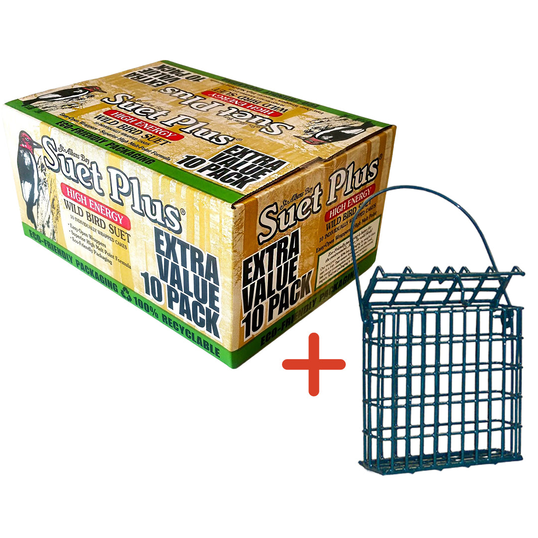 A yellow box of st. albans by high energy wild bird suet and a green wildlife sciences suet bird feeder