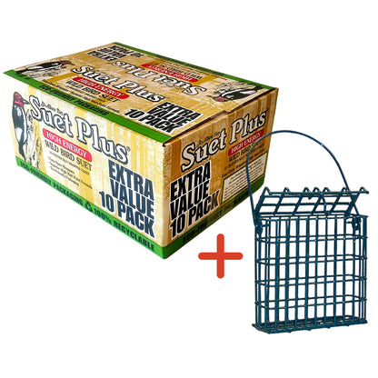 A yellow box of st. albans by high energy wild bird suet and a green wildlife sciences suet bird feeder