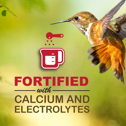 A picture of a hummingbird with a graphic stating fortified with calcium and electrolytes