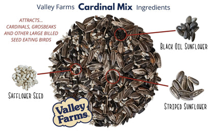 Cardinal Mix Contains Black Oil Sunflower Seed, Striped Sunflower Seed, and Safflower Seed