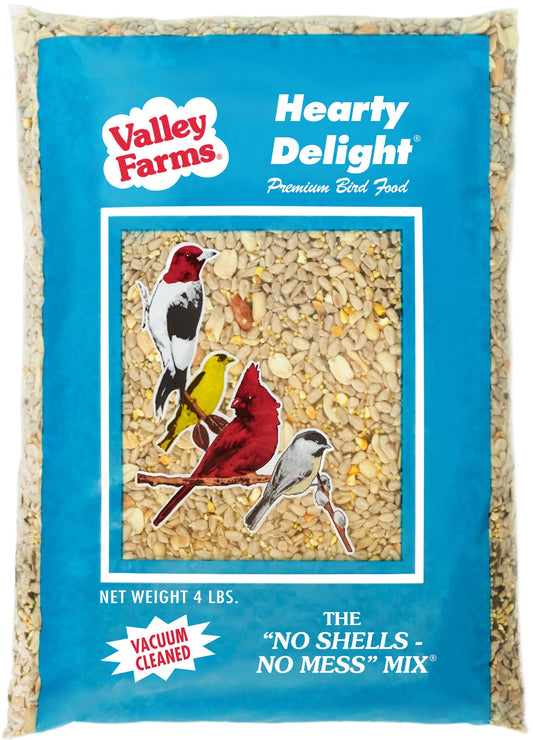 Valley Farms Hearty Delight bird food package with birds on the label