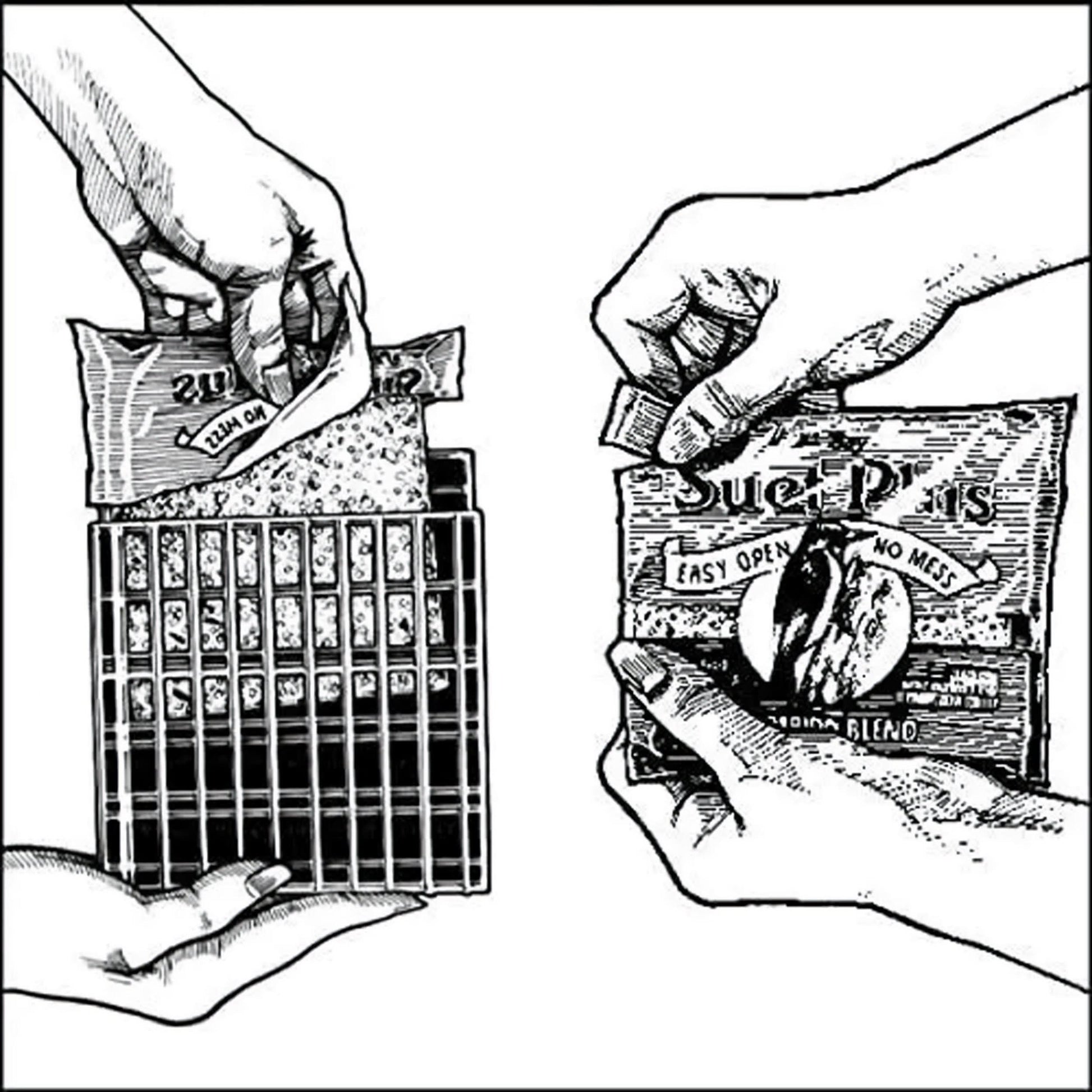 Diagram showing to open suet cakes like a candy bar and slide into the suet cage 