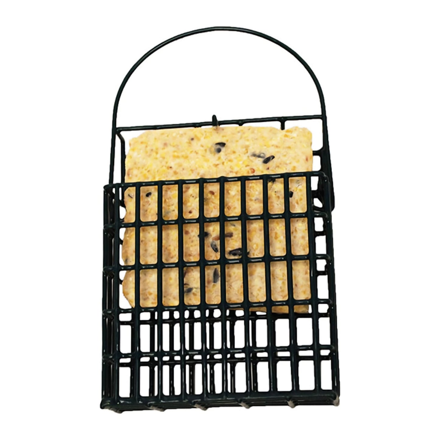 Black suet cage with a suet cake half in