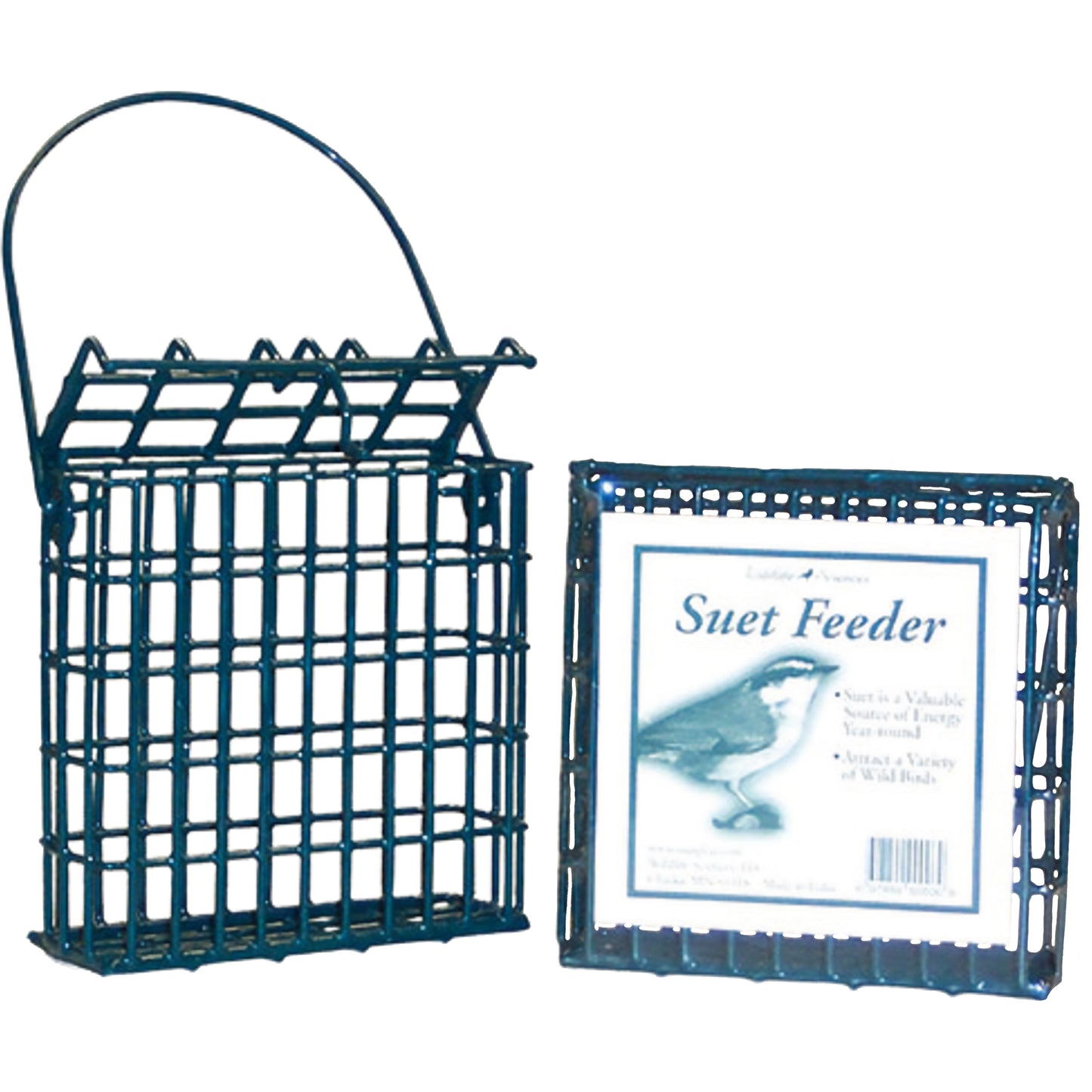 Two green wildlife sciences suet feeders - one open and one in a package 