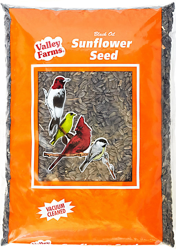 Valley Farms Black Oil Sunflower Seed is a Wild Bird Food to attracts many kinds of birds such as jays, sparrows, cardinals, tufted titmouse, nuthatch, finch, and doves making it one of the most popular bird foods. UPC 0 47961 24210 0